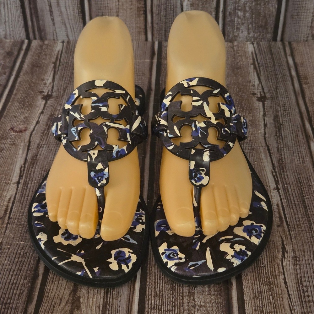 Sz 7 M Womens Tory Burch Miller Welt Blue Floral Logo Thong Flat Sandals VGUC!